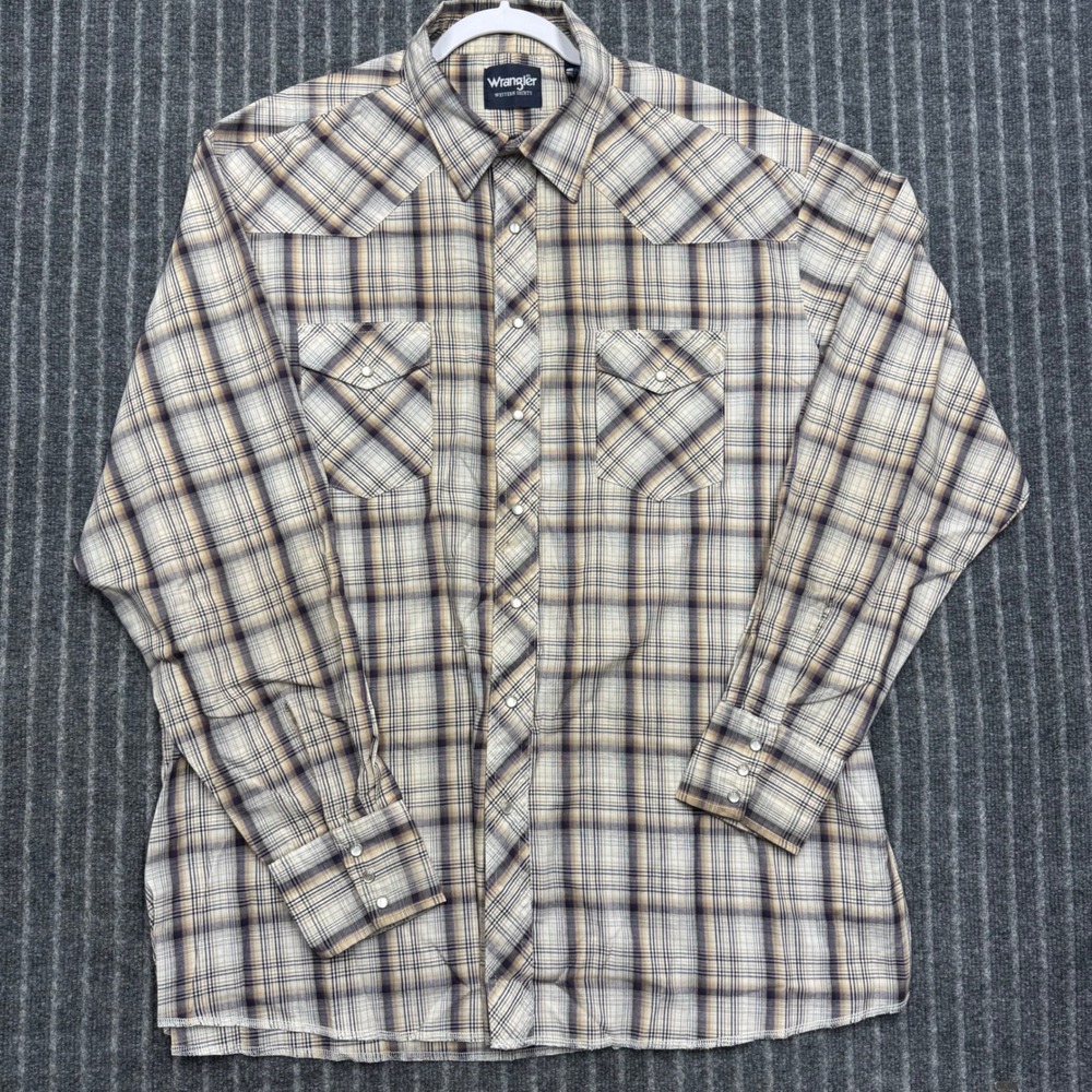 Wrangler Mens Western Shirt 2XT Tall Brown Plaid Pearl Snap Long Sleeve Cotton